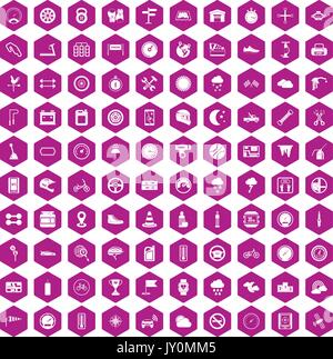 100 motorsport icons hexagon violet Stock Vector
