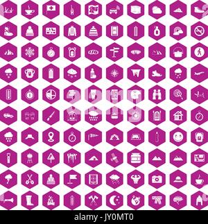 100 mountaineering icons hexagon violet Stock Vector