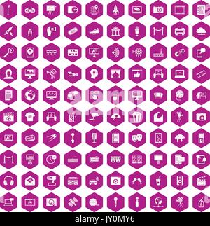 100 multimedia icons hexagon violet Stock Vector