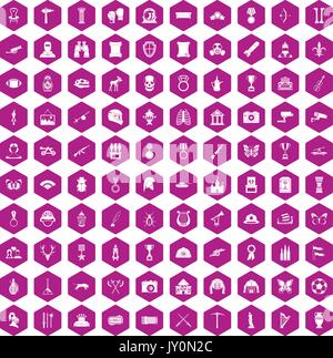 100 museum icons hexagon violet Stock Vector