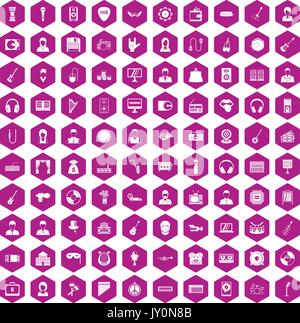 100 music icons hexagon violet Stock Vector
