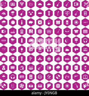 100 music festival icons hexagon violet Stock Vector
