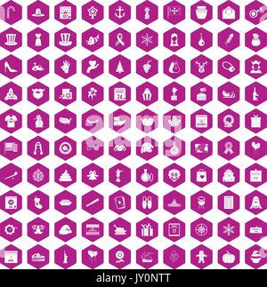 100 national holiday icons hexagon violet Stock Vector