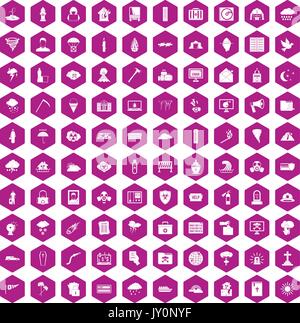 100 natural disasters icons hexagon violet Stock Vector