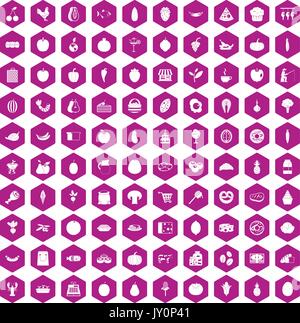 100 natural products icons hexagon violet Stock Vector
