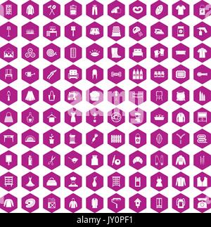 100 needlework icons hexagon violet Stock Vector