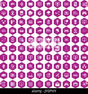 100 network icons hexagon violet Stock Vector