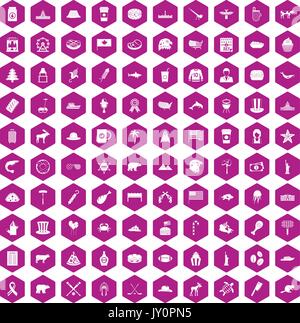100 North America icons hexagon violet Stock Vector