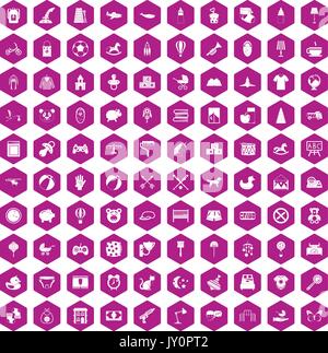 100 nursery icons hexagon violet Stock Vector