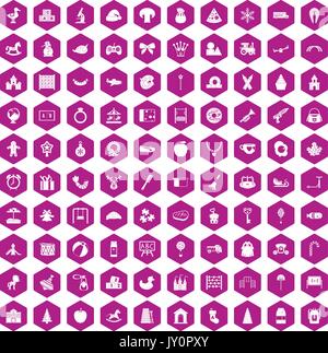 100 nursery school icons hexagon violet Stock Vector