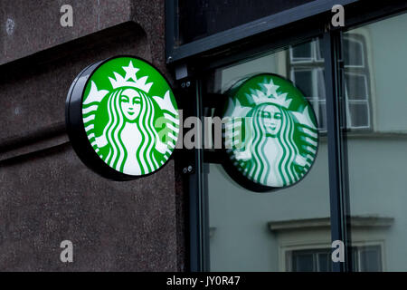 BUDAPEST, HUNGARY - AUGUST 11, 2017: Starbucks logo in front of a Starbucks coffeehouse in the city center of Budapest, capital city of Hungary  Pictu Stock Photo