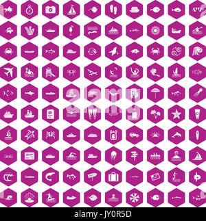 100 ocean icons hexagon violet Stock Vector