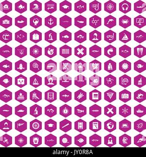 100 oceanologist icons hexagon violet Stock Vector