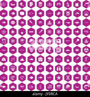 100 oceanology icons hexagon violet Stock Vector