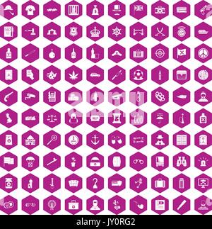 100 offence icons hexagon violet Stock Vector