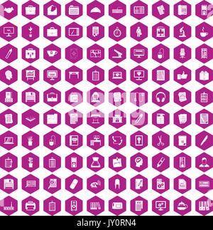 100 office icons hexagon violet Stock Vector