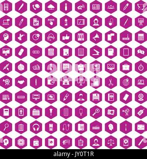 100 office work icons hexagon violet Stock Vector
