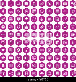 100 on-line seminar icons hexagon violet Stock Vector