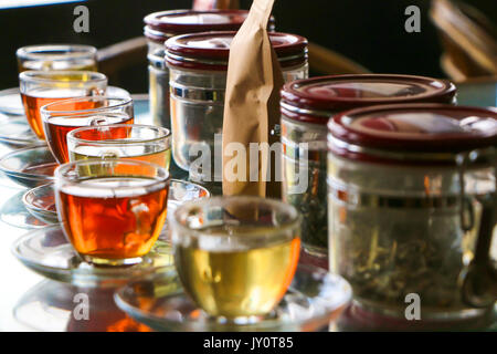 A selection of Darjeeling teas lines in teacups Stock Photo