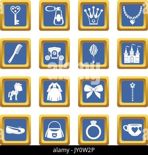Doll princess items icons set blue Stock Vector