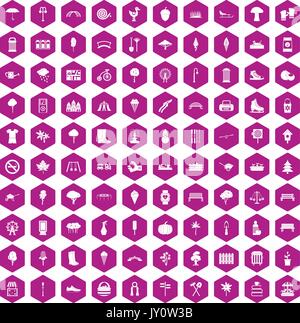 100 park icons hexagon violet Stock Vector