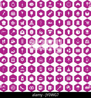 100 patisserie icons hexagon violet Stock Vector