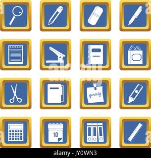 Stationery symbols icons set blue Stock Vector