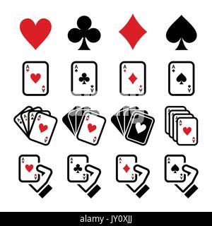 Playing cards, poker, gambling icons set  Vector icons set of cards - hearts, diamonds, spades and clubs isolated on white Stock Vector