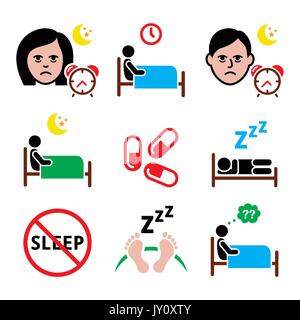 Insomnia, people having trouble with sleeping icons set    Health icons set - sleep disorder, insomnia vector icons set isolated on white Stock Vector