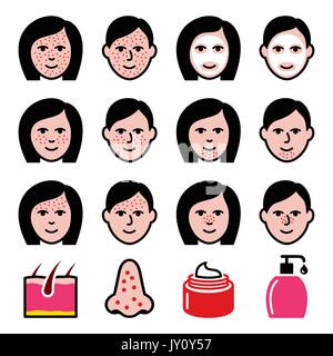 Skin problems - acne, spots treatment icons set. Beauty icons isolated on white - skin disease concept Stock Vector