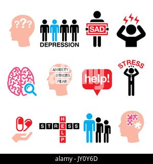 Depression, stress icons set - mental health concept Stock Vector