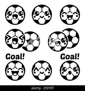 Kawaii soccer ball, football icons set    Vector icons set of cute, happy soccer ball character isolated on white Stock Vector