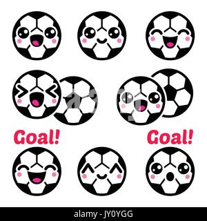 Kawaii soccer ball, football icons set    Vector icons set of cute, happy soccer ball character isolated on white Stock Vector