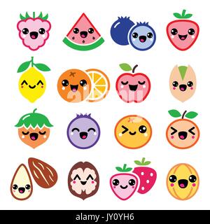 Kawaii fruit and nuts cute characters design    Vector icons set of Japanese Kawaii in color isolated on white Stock Vector