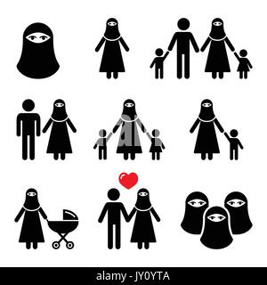Muslim woman in burqa or burkha, bourkha, burka - family   Islamic traditional garment worn by women to cover their face Stock Vector