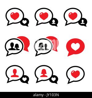Love speech bubbles, couples vector icons set  Speech bubbles with heart, man and woman icons set isolated on white Stock Vector
