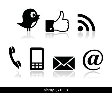Contact and social media icons set- twitter, Facebook, RSS    Social media and contact page black icons set with shadow Stock Vector