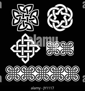Celtic Irish knots, braids and patterns in white on black background    Vector set of traditional Celtic symbols, knots - monochorme Stock Vector