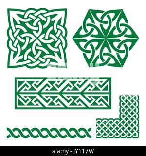 Celtic Irish green patterns and knots - vector, St Patrick's Day     Set of traditional Celtic symbols, knots, braids in green isolated on white Stock Vector
