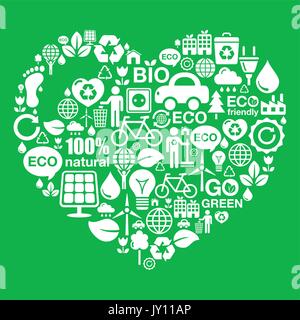 Eco green heart shape background - ecology, recycling concept    I love ecology, recycling, footprint, green power background made of icons Stock Vector