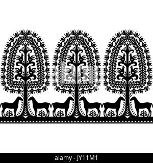 Seamless Polish folk art pattern Wycinanki Kurpiowskie - Kurpie Papercuts   Vector repetitve design of horse, tree and chickens - folk design from the Stock Vector