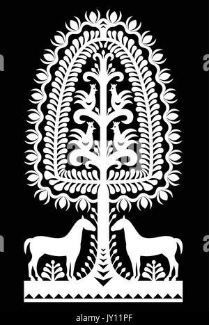 Polish folk art pattern Wycinanki Kurpiowskie - Kurpie Papercuts   Vector design of horse, tree and chickens - folk design from the region of Kurpie Stock Vector