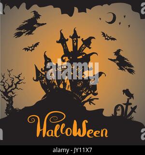 Halloween night background with haunted house, hand drawn vector Stock Vector