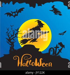 Halloween witch flying on broomstick, scary Halloween background. Hand drawn vector Stock Vector