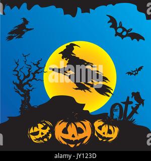 Halloween witch flying on broomstick, scary Halloween background. Hand drawn vector. Stock Vector