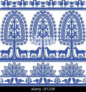 Seamless floral Polish folk art pattern Wycinanki Kurpiowskie - Kurpie Papercuts   Vector blue design of horse, tree and chickens - folk design from Stock Vector