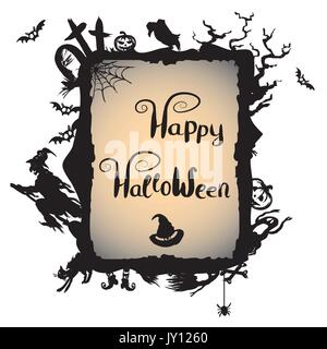Halloween background with witch, graveyard, pumpkin and place for your text Stock Vector