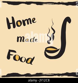 Steaming soup ladle, with the inscription homemade production, hand drawing design elements for your banner, ads or web. Stock Vector