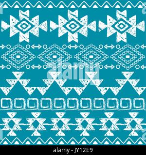 Seamless Navajo hand drawn print, retro Aztec pattern, Tribal design with scratches     Vector white folk seamless Aztec ornament, tribal art on turqu Stock Vector