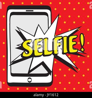 cartoon picture- phone, flash and inscription Selfie, vector illustration Stock Vector
